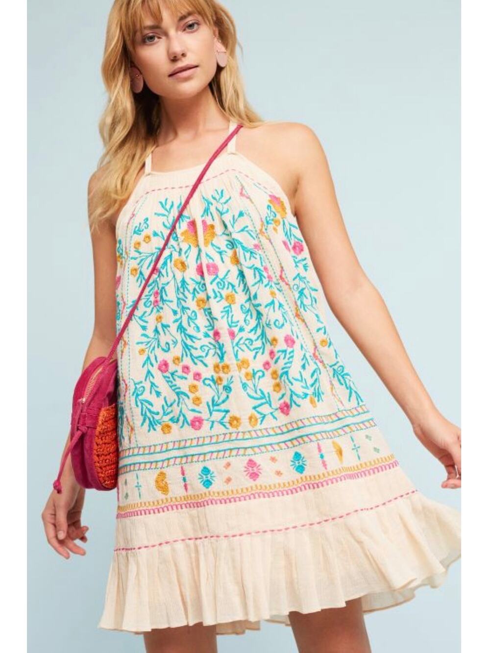 Akemi + Kin Anthropologie Vinales Swing Embroidered Halter Dress 4P Cotton Gauze